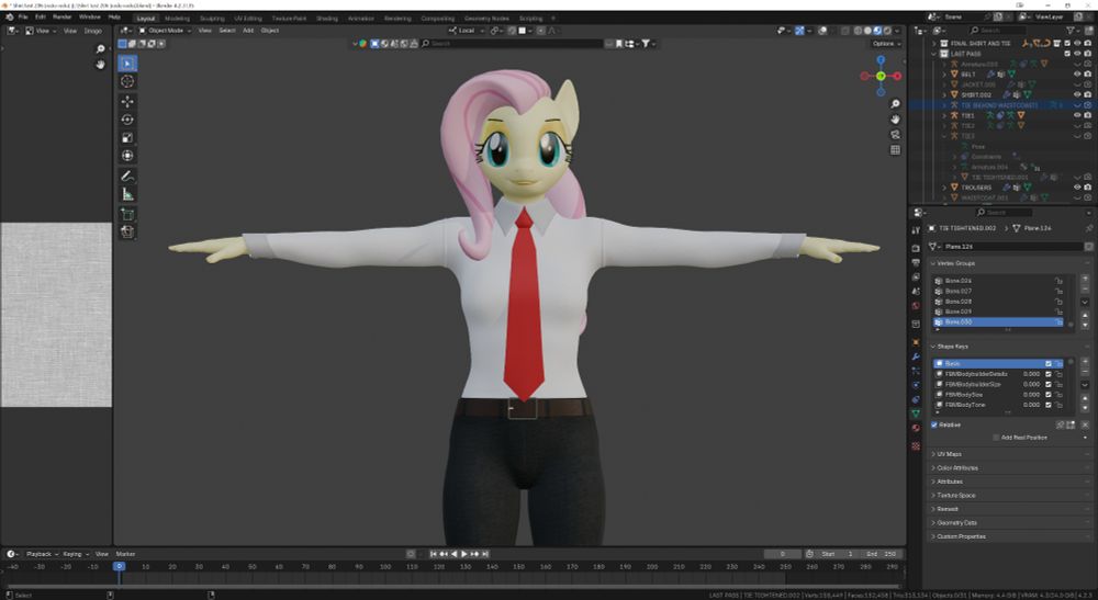 An anthro fluttershy wearing a three piece suit set modelled in Blender, depicting a shirt, tie and trousers.