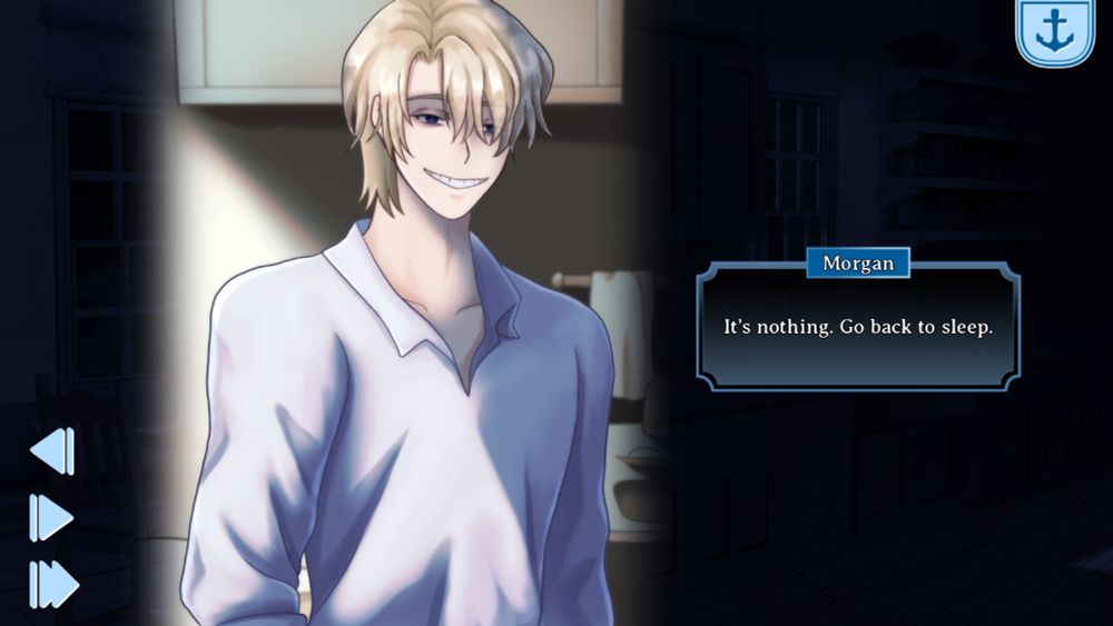 A screenshot of the game My Husband is a Stranger featuring a scary blond man smiling at you.