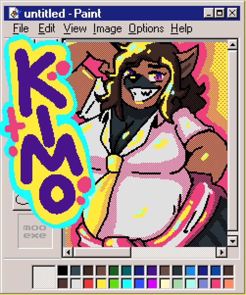 The same art as the first image, but the letters KIMO are scribbled over where the tools would normally be found in the Windows 95 version of MS Paint.