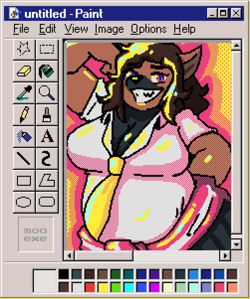 What is presumably a fake screenshot from Windows 95's version of MS Paint, showing pixelart of my sona, Karolina (Kimo Yeen Prime / Kimo Eta Primos). She's a chubby African Striped Hyena with long curly brunette hair, wearing a slightly unbuttoned button-up shirt with a lose yellow tie around, as well as a short black skirt. Around her waist is her pink sports jacket, wrapped by the arms. She's posing with her right hand raised and resting on the side of her head, as she smiles back at the viewer. Underneath the tools sidebar for MS Paint 95, you can see an empty square crevice with mooexe inside, crediting the artist and my good friend, Gabs.