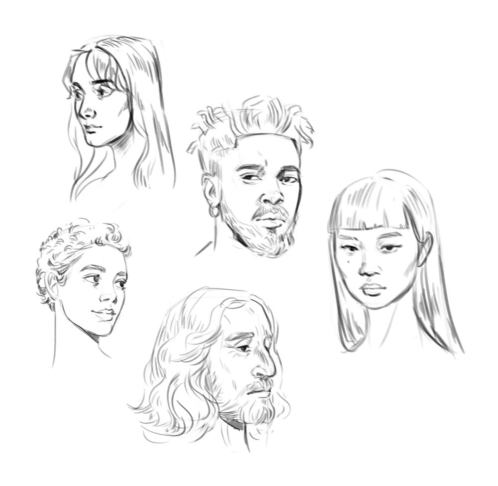 Rough sketches of various portraits (3 young women, 1 man, and an older bearded man
