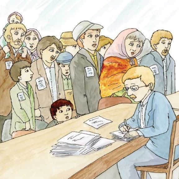 Interior illustration shows crowd of arriving passengers and immigration agent at his desk