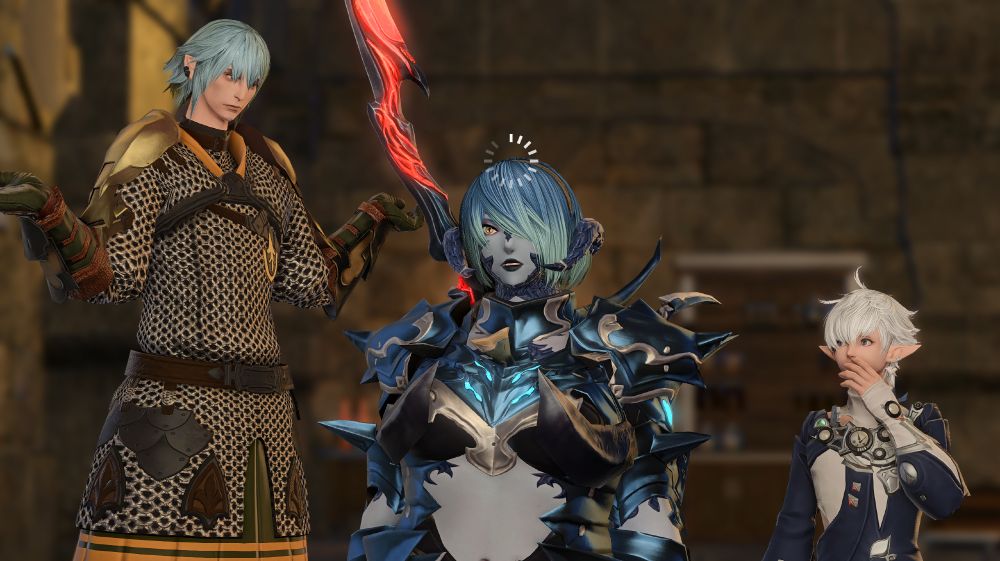 Zaya is shocked by a really hot guy hitting on her as Haurchefant and Alphinaud exchange confused glances in the background