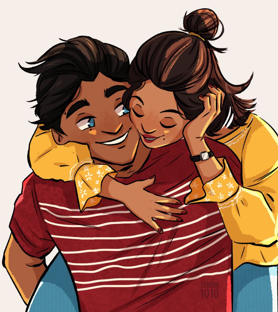 Digital art of a brown boy and a brown girl, piggyback hug, smiling at each other.