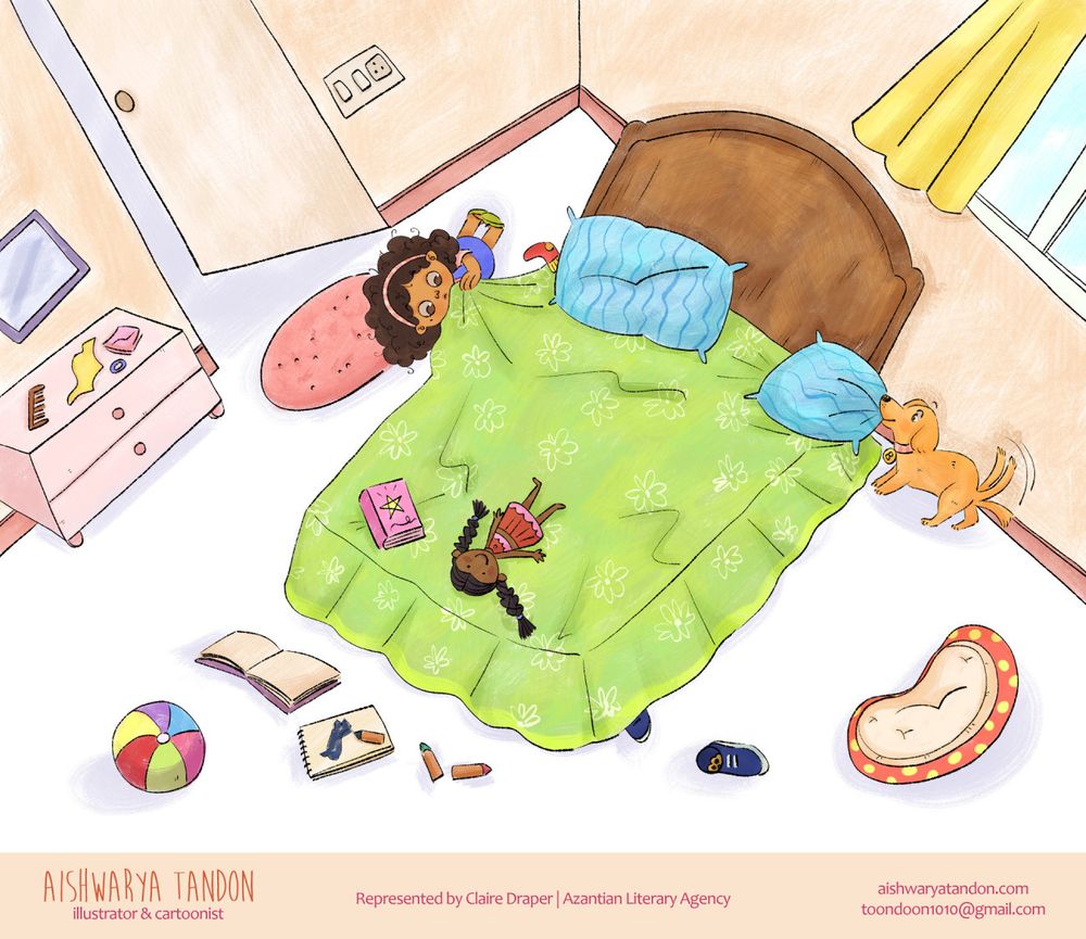 A spread from Where Is Benji's Blue Bone; a picture book written by Dr. Aruna Shekar and illustrated by Aishwarya Tandon. The spread shows a top-view of a kid's bedroom with a big bed in the centre. The girl is bent down, looking under the bed for her dog, Benji's toy bone, who is helping along by looking under the pillows.