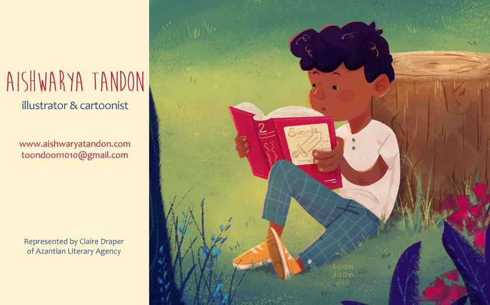 A digital illustration of a young boy reading a big red book in the park/forest, sitting against the stump of a tree.