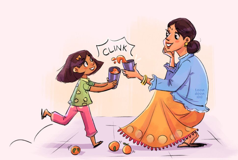An illustration of a girl and her mother enjoying fresh orange juice.