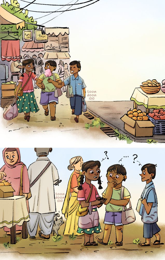 Two illustrations of 3 young friends, shopping in the local market area.