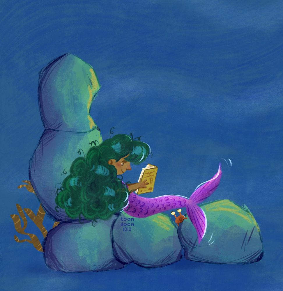 Digital art of a mermaid reading a book on a lounge made out of bedrocks. She has big green curly hair and a purple tail. There's a red crab hidden under her tail.