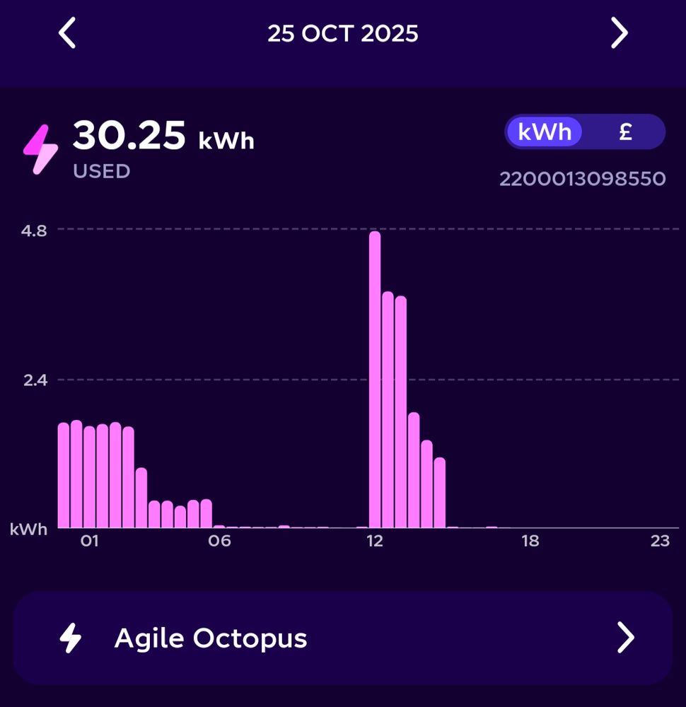 A graph showing my electricity consumption over twenty four hours. 

Medium consumption midnight to 6am. Nothing 6am to midday. Massive consulting 12-3pm, nothing for the rest of the day
