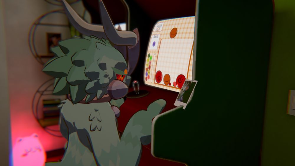 Pitaya the cactus centipede standing at an arcade cabinet, playing a version of Suika Game with a focused or possibly frustrated expression. Xe is shirtless and wearing a collar. Propped up on the side of the cabinet is a photo of the same scene from a different angle, showing Pitaya with a more frustrated look