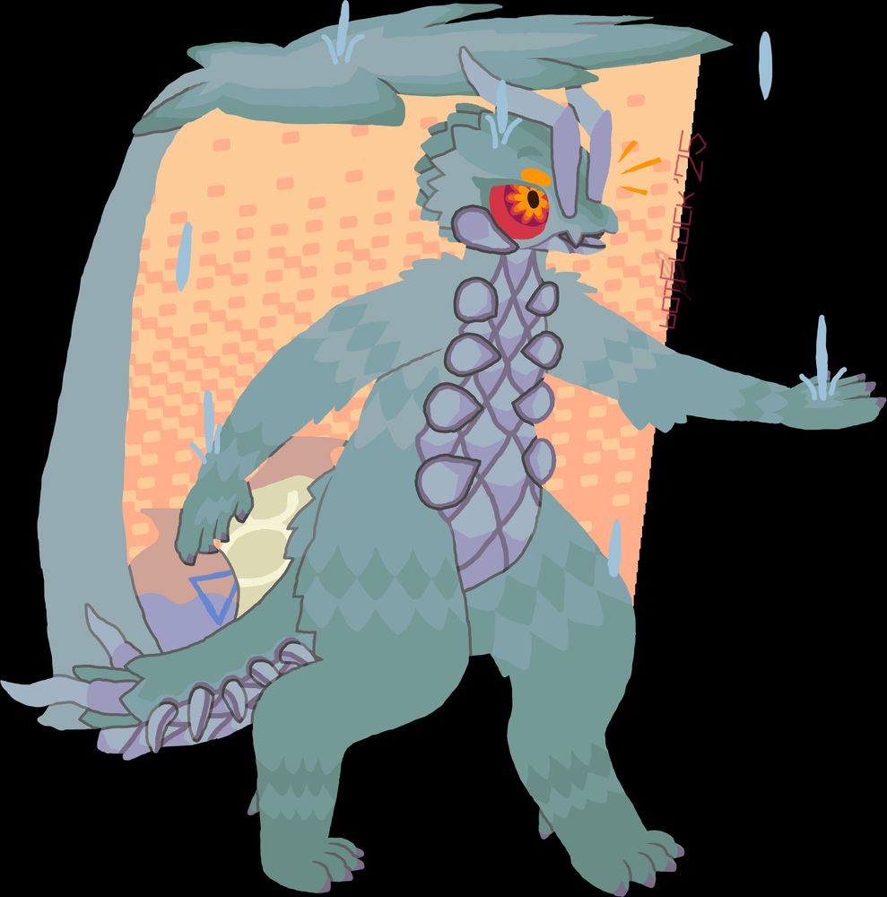 A pastel green, stylized centipede with diamond patterning and floral red eyes. Xe sticks xer head and arm out from under a large leave as xe notices it beginning to rain. Two pots labeled with the alchemical symbols for water and salt are also placed under the leaf.