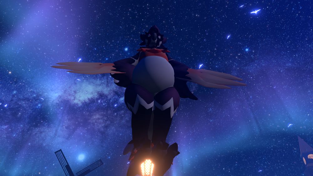 A photo taken in VRChat of CloudChomps in their Biscuit avatar. They are standing on a lamppost under a vivid night sky with their arms [wings?] on their hips