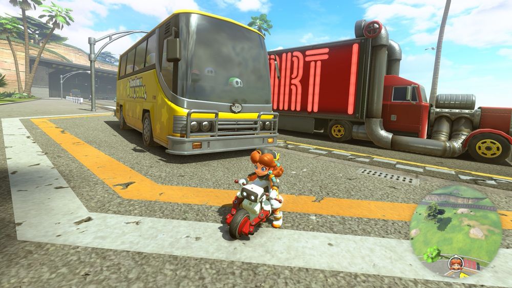 Rosalina Bus Tours bus from Mario Kart World, viewed from its front-right corner.