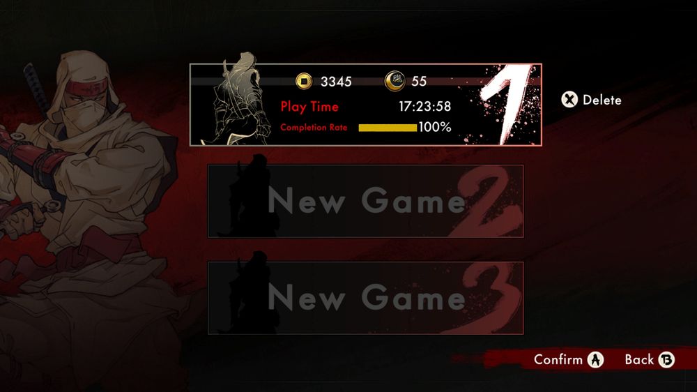 screenshot of game shinobi art of vengeance showing a save file on 100% completion