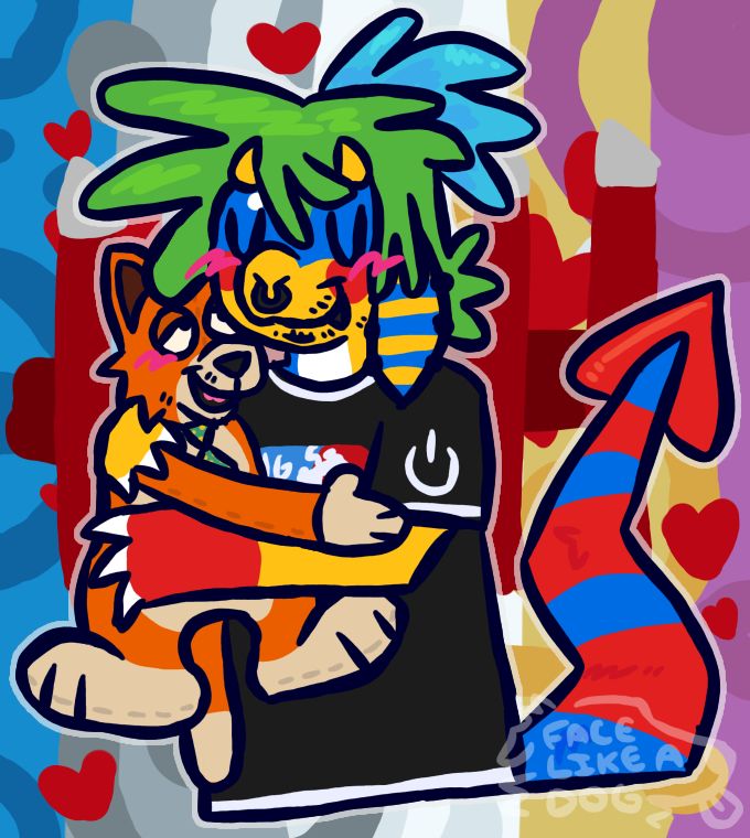 a dragon based on the bootleg sonic backpack hugging an addison wesley ‘arpeggio’ puppet