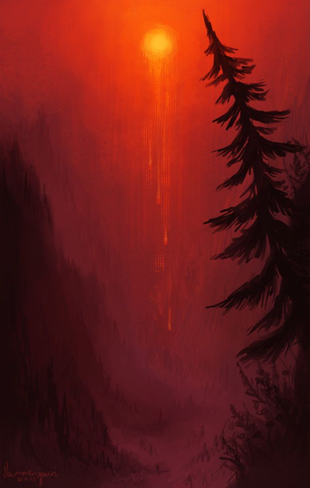A digital landscape painting of a misty valley with forests. The sky is a vibrant mix of oranges and reds, with the bright yellow sun in the middle seemingly melting. Some flowers and a single spruce tree grow in the foreground in deep shadow.