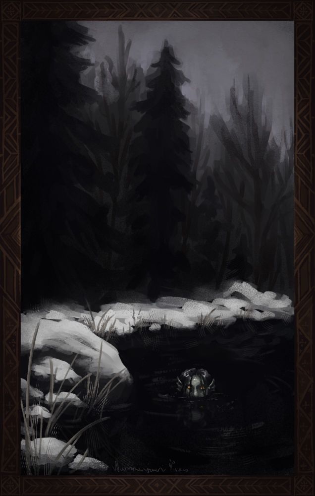 It's a somewhat stylized digital painting that depicts a gloomy evening in very late autumn. There's a black pond with some rocks and pale greyish reeds around it. The trees by the pond are dark and leafless, the sky is cloudy and there is some snow on the ground. In the water, the upper half of a mermaid-like creature's face is seen peeking out. It has scaly gray skin and long dark hair. It is looking straight at the viewer with its entirely yellow eyes. There is a brown border surrounding the piece that is decorated with geometric shapes.