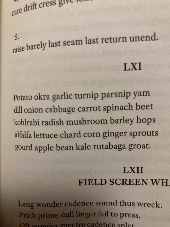 Page from LIVES OF THE SAINTS with poetry reading: 

Potato okra garlic turnip parsnip yam dill onion cabbage carrot spinach beet kohlrabi radish mushroom barley hops alfalfa lettuce chard corn ginger sprouts gourd apple bean kale rutabaga groat.