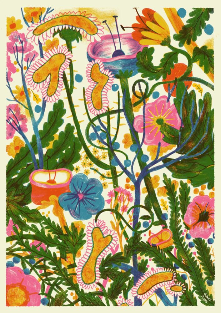 A naive illustration of a cluster of plants that don’t exist. The illustration is 4 colours and uses texture and crossover to create depth. 
