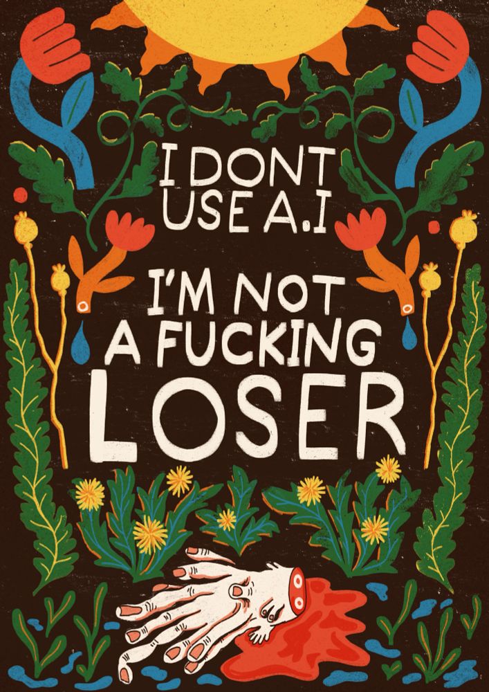 A decorative illustration of flowers with the caption “I don’t use ai I’m not a fucking loser” with a severed hand with too many fingers 