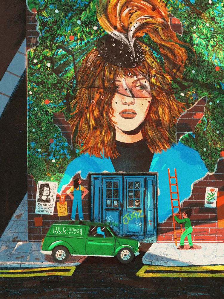 A collaborative illustration by Sonny Ross and Nicole Rifkin. A scene depicting two painters and a large mural of a woman amongst a floral backdrop. Scene in scene including the street and work van of the painters