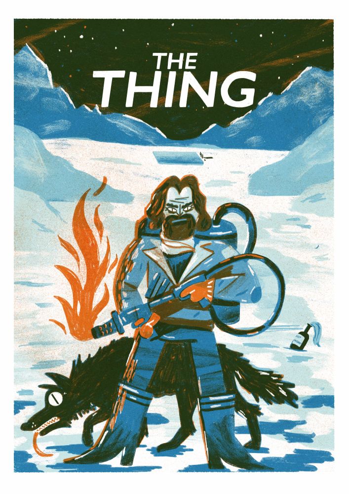 An Illustration of an alternate poster for the movie "The Thing". Orange and blue screen print style illustration. 