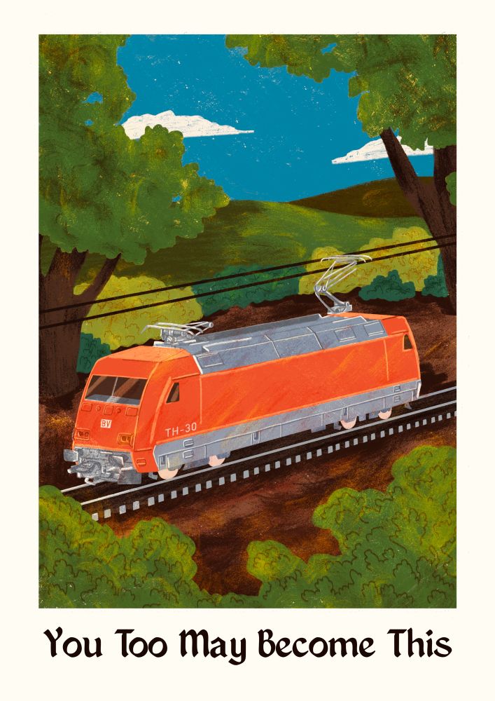 A DB class 101 electric locomotive in a postcard style illustration with the caption “you too may become this” 
