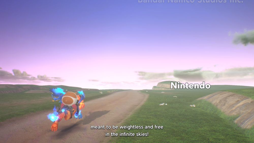 Screenshot from the end credits for Kirby Air Riders featuring Rick riding the ultimate Air ride machine Leo into the horizon.