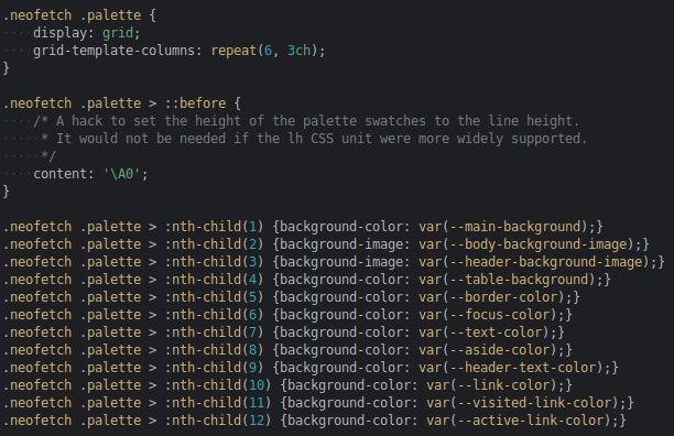 CSS code describing a palette of color swatches. The bottom half of the screenshot shows 12 almost identical lines. Each line differs only in the color and the number of the swatch it applies to.