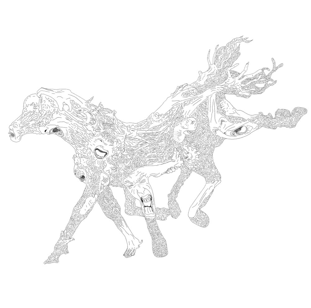 Black and white line drawing of a disturbing hybrid creature that appears to be a fusion of humanoid and animal forms, with multiple limbs, torsos, and heads twisted together in an agonized pose. The figure shows detailed musculature and organic textures suggesting pain and transformation.