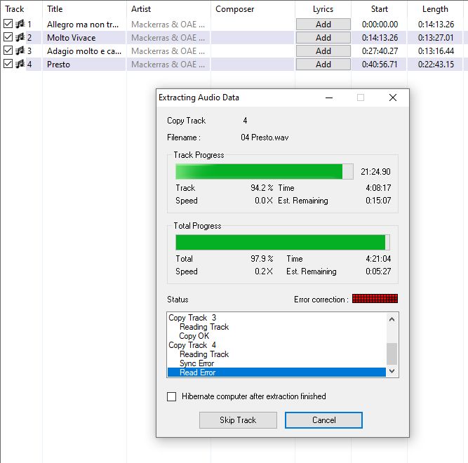 The fourth hour of Exact Audio Copy ripping a faulty CD of Beethoven's Ninth