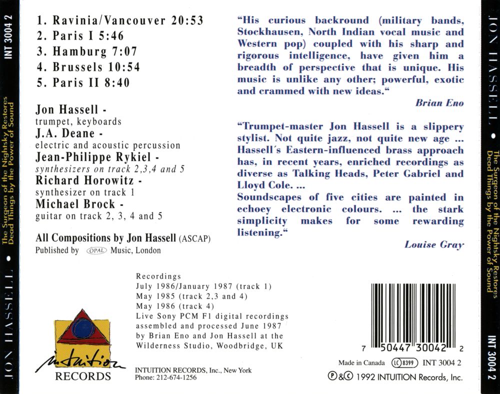 Back cover of Jon Hassell's 'The Surgeon of the Nightsky Restores Dead Things by the Power of Sound'