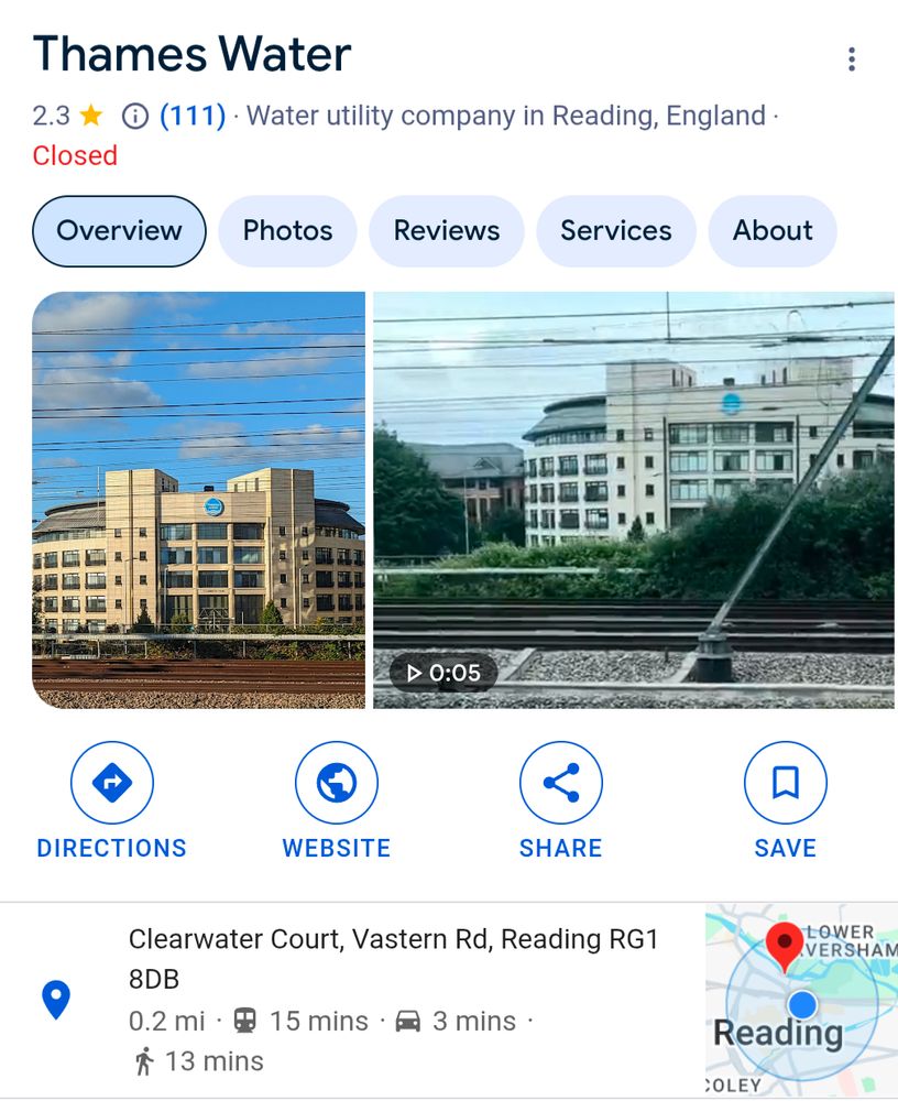 Screenshot of Google maps showing the address of the Thames Water office.