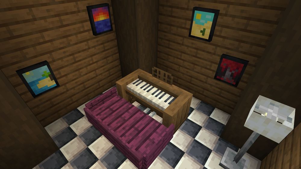 A Minecraft construction with a spruce piano, dyed picture frames, and a floor lamp placed inside.