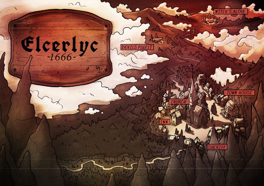 A map of a gloomy little village in the mountains called Elcerlyc.