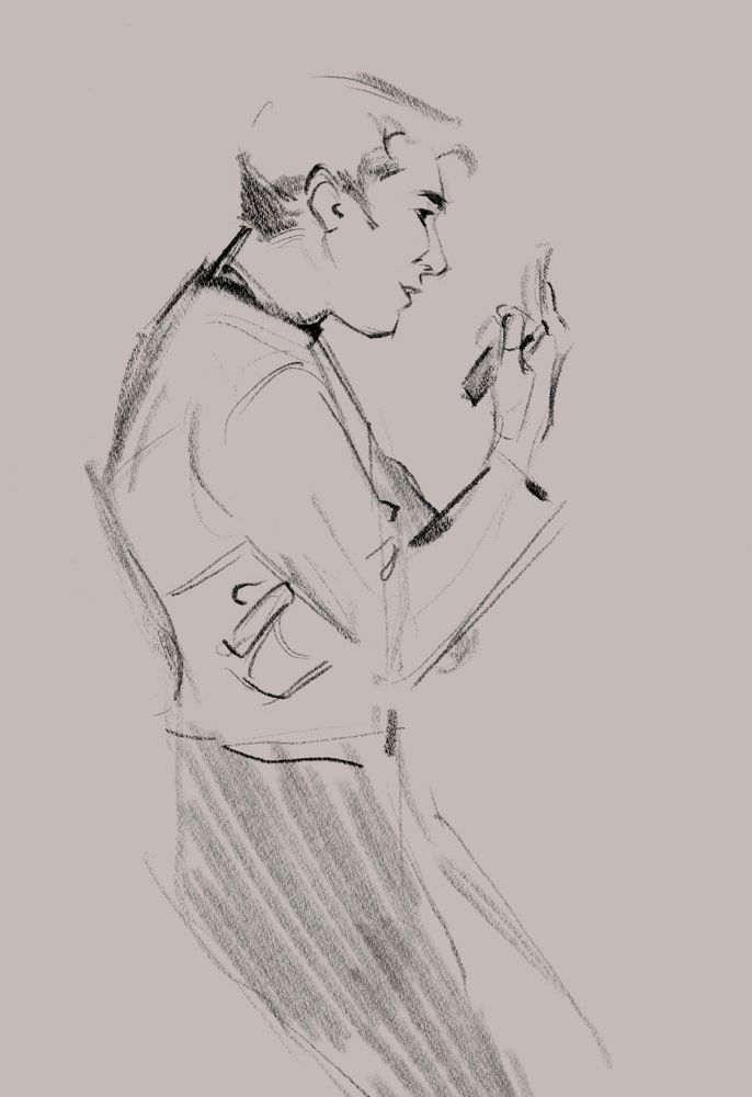 Uncoloured sketch of kirk speaking into  his communicator