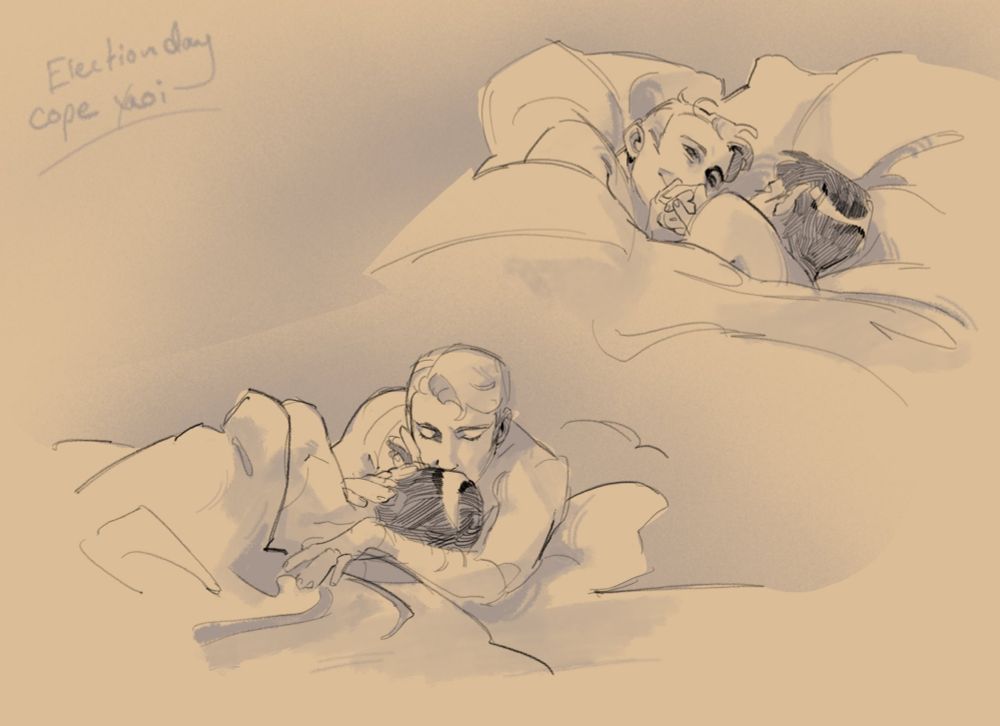 Two sketches of kirk and spock in bed. The first they are facing each other, kirk is pressing spock's fingers to his lips. The second kirk is leaning over him to kiss his head. Spock brushes the back of his hand against kirk's face.  