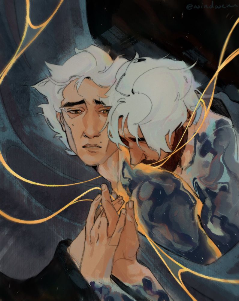 a painting of jayce and viktor in the astral plane(or whatever that was). jayce is embracing viktor from behind, his head resting on his neck and his hands on his chest. where he touches viktor is glowing gold. viktor looks on the verge of tears, of both sadness and happiness. his expression is bittersweet, and his fingers are threaded through jayce's and pressed to his chest. their hair is glowing white ish and their bodies are covered in a rainbow oil spill effect. a blue blanket envelops them and flows out behind them. the background is black and full of stars. there are a few threads of gold throughout.