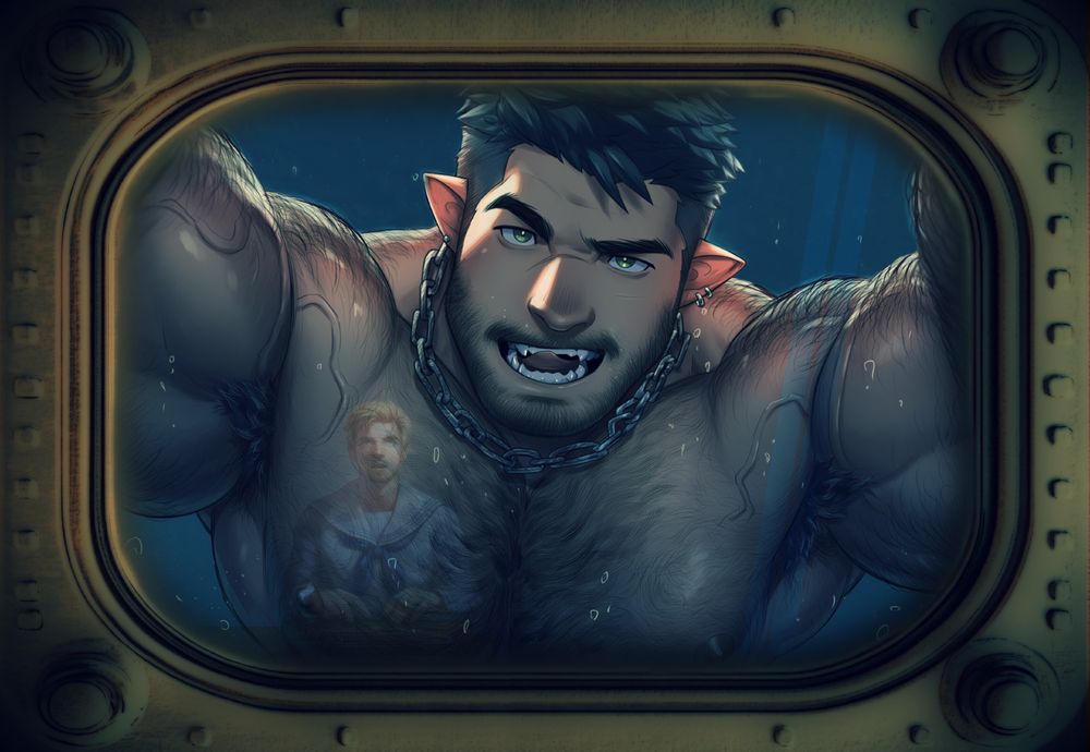 A large metal porthole in a submarine, dimly lit. On the other side a huge muscular man/mershark fills the frame with a very hairy chest, sharp teeth, and pointed ears. He is licking his teeth hungrily while looking in at the viewer. He has short dark hair and a chain necklace. The reflection of the viewer can be seen on the window, portrayed as a surprised blond man in a sailor outfit. 