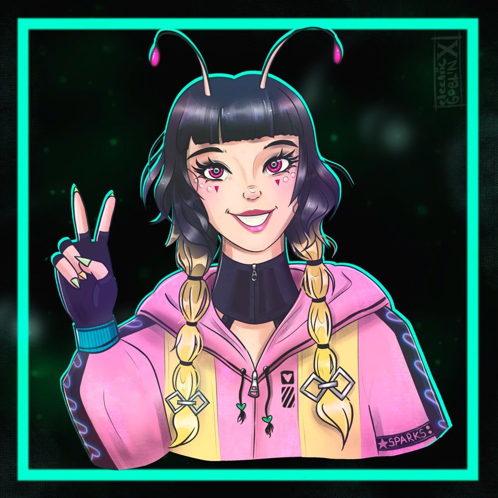 A digital art piece of my Lashunta character from Starfinder. She is doing the peace sign with her right hand and is wearing a pink and yellow jacket and fingerless gloves. She has black hair that fades into yellow at the tips which she wears in braids. She is of mixed Caucasian/asian heritage and has deep pink eyes that match her antenna.