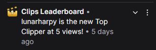twitch clips leaderboard. lunarharpy is the new top clipper at 5 views!