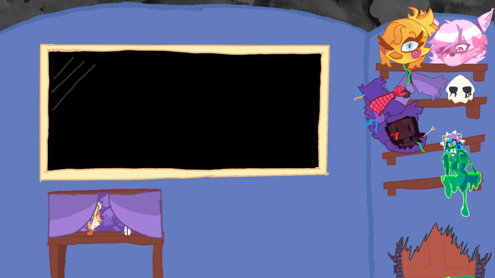 The majority of this image was drawn entirely by me, except for the green slime girl, which is an edit of a boss from Flipwitch.

the other shelf objects include a puro mask I drew, referencing a game I love called changed, as well as three animatronic heads in three different styles

the puppet show stage under the window is a reference to an unfinished series I never published.