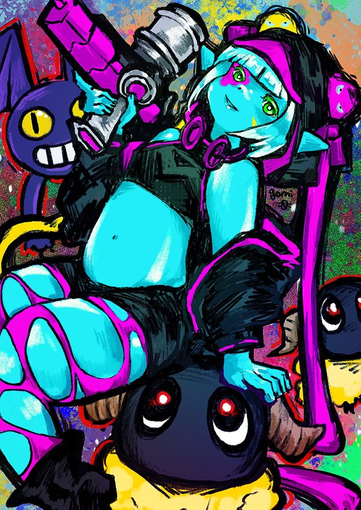 Digital Artwork of Sugar Riot from FFXIV sitting on some Yans and the Gimme cat in the background.