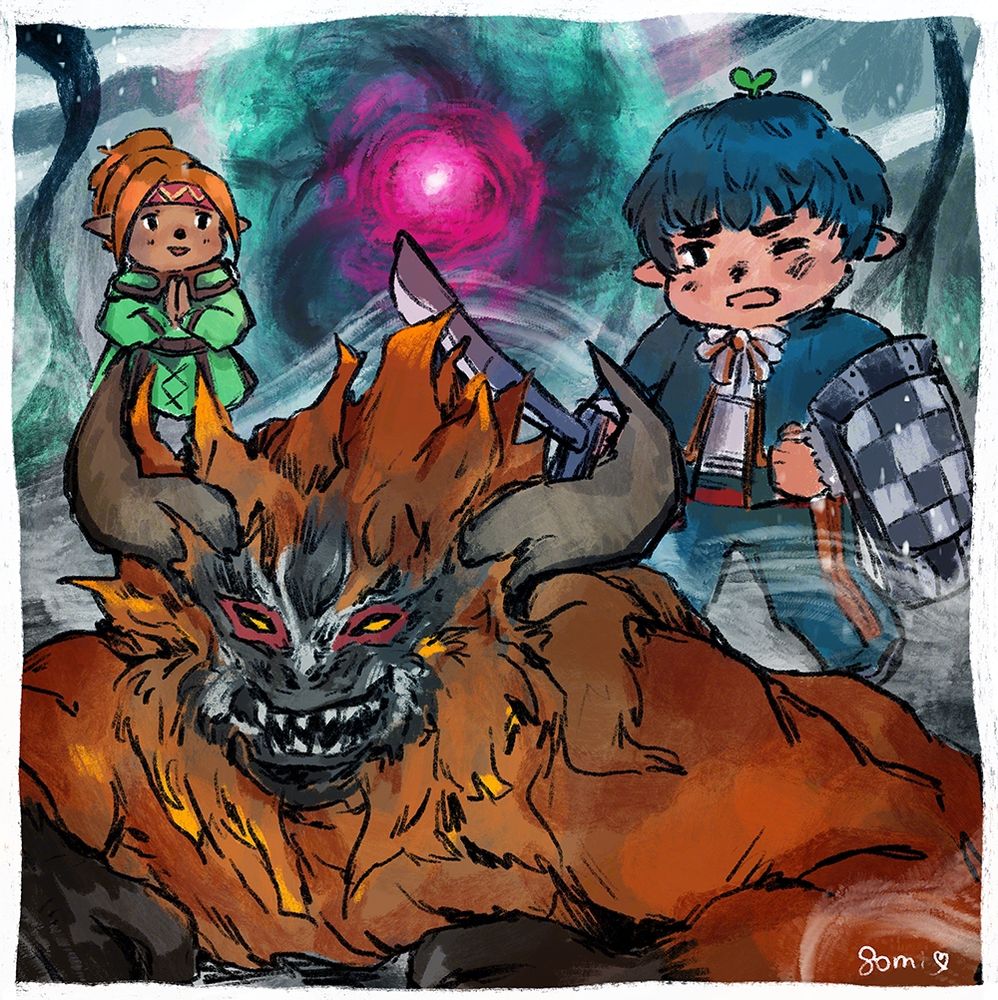 painting of gogotaru defeating ophiotaurus - the monster is dead on the ground and gogotaru is behind him looking a little beaten up while another tarutaru claps in the background 