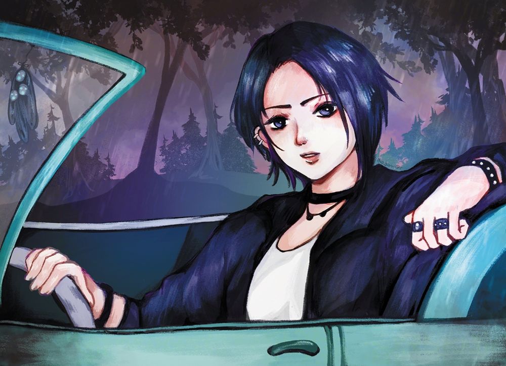 digital painting of zero from ffxiv driving a car
