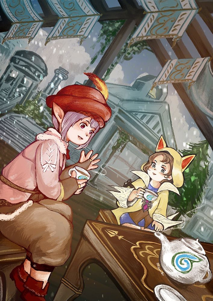 Fanart of Krile and Tataru having tea in Sharlayan in FFXIV