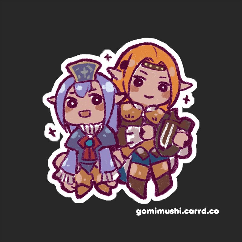 digital artwork of prishe and ulmia from final fantasy 11 sitting next to each other while ulmia plays a lute.