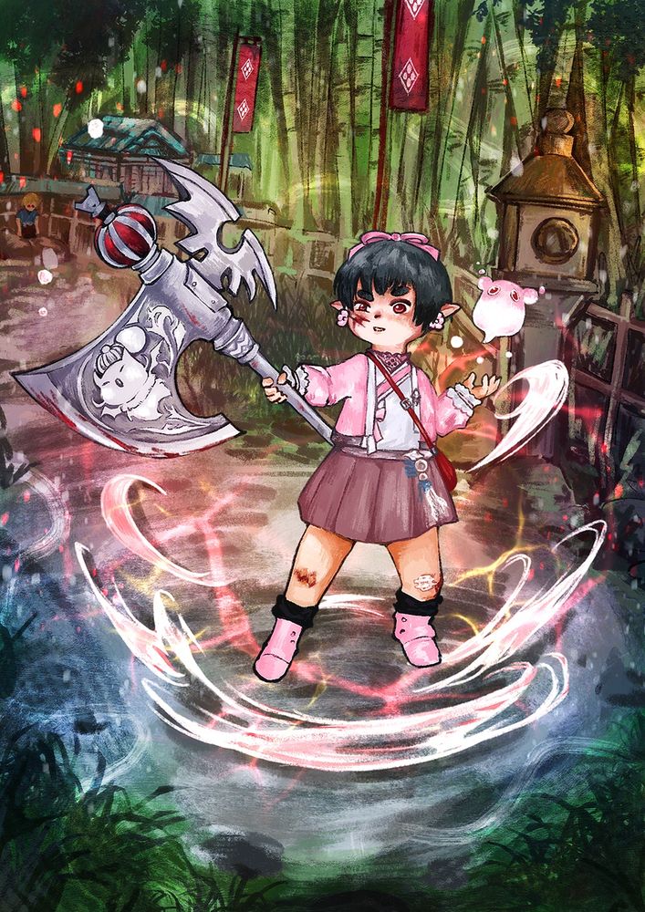 My lalafell warrior of light in a battle stance in the bamboo forest at Mt. Rokkon with both a warrior's axe and red mage's focus (that looks like drippy). Hancock can be seen in the distance.