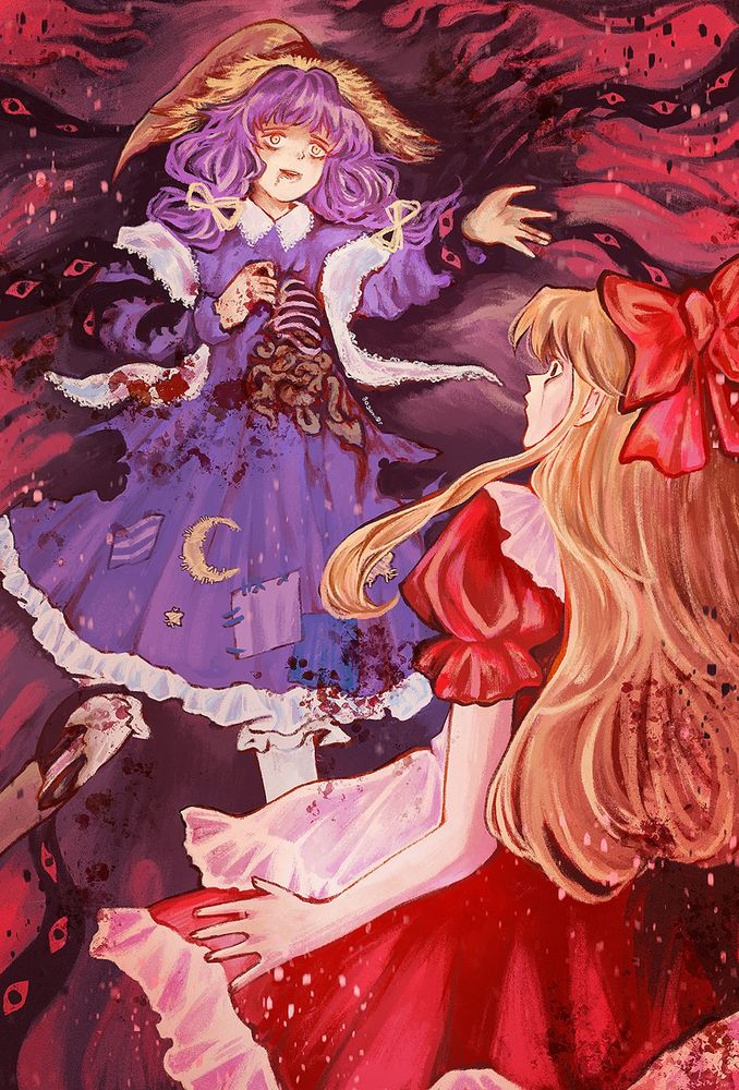 Digital Fanart of the game Little Goody Two Shoes. Rozenmarine is reaching out for Elise as a demon in the form of black tentacles rips her apart. Her ribcage and intestines are showing and there is blood splatter. Elise looks on in horror.